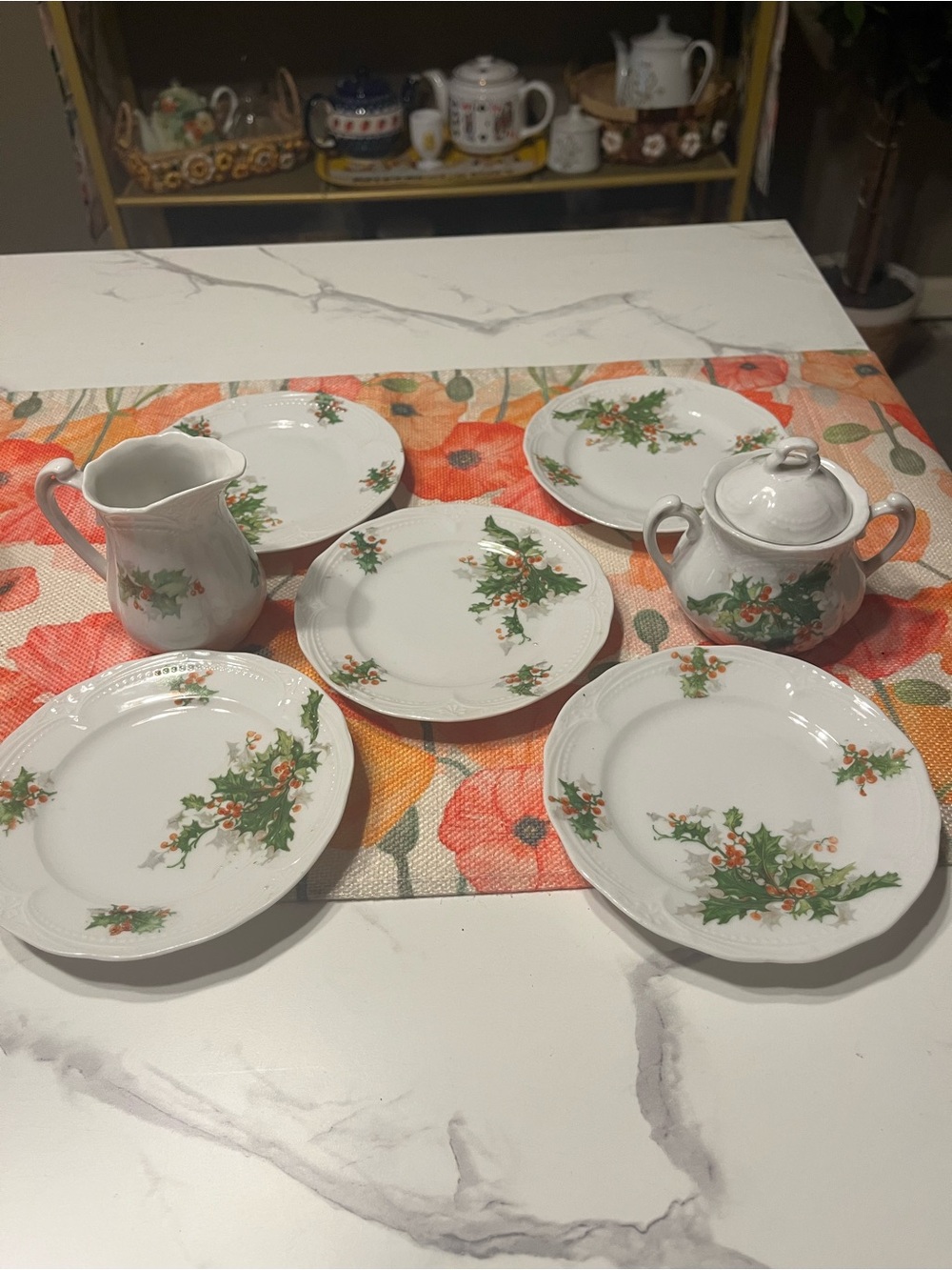 Vintage Germany Christmas Holly Berry Dessert Plate Set Creamer Sugar Pot